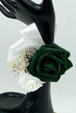 Dark Green Mens Formal wear l Lapel Leaf Chain Pin l Real Touch rose l Groom Boutonniere l Wedding l Groomsmen BOUT-R009