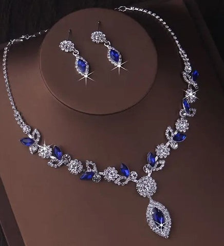 3pcs SILVER Blue Jewelry Set l Rhinestone Earrings l Necklace l Bracelet l Prom l Wedding JS-925