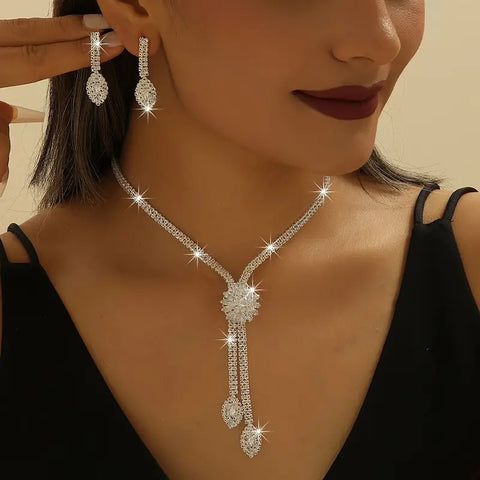 3pcs SILVER Jewelry Set l Rhinestone Earrings l Necklace l Bracelet l Prom l Wedding JS-919