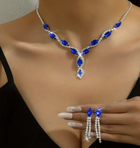 3pcs SILVER Blue Jewelry Set l Rhinestone Earrings l Necklace l Bracelet l Prom l Wedding JS-924