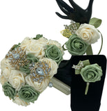 Sage Green Round Bouquet l  Real Touch Roses Bouquet~ BOU-034