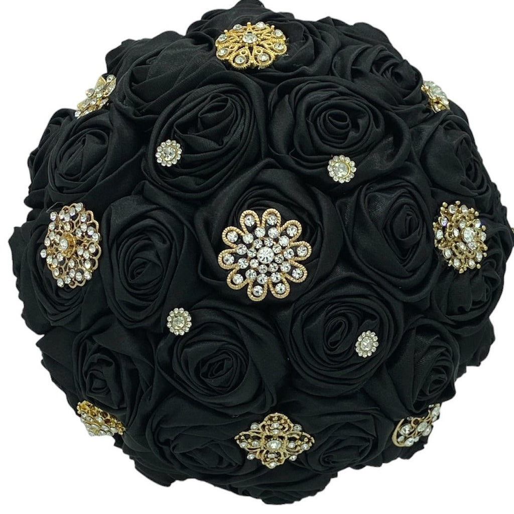 BM-009 ~ Dark Green & Ivory Satin Roses Budget Brooch Bouquet or