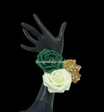 Emerald Green & Ivory Real Touch Rose Boutonnières Pin Formal Wear Wedding Prom RT-B012
