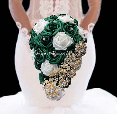 Emerald Green Cascade Bouquet l Waterfall bouquet l Real Touch Roses Brooch Bouquet CB-004