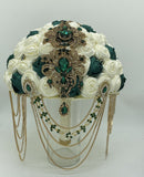 Ivory Emerald Green Round Bouquet l Waterfall bouquet l  Satin Roses Brooch Bouquet BOU-038