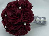 Burgundy Round Bouquet lSilk Roses Brooch Bouquet~ BOU-200