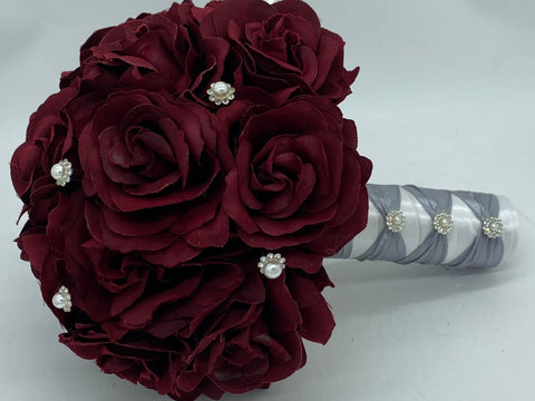 Burgundy Round Bouquet lSilk Roses Brooch Bouquet~ BOU-200