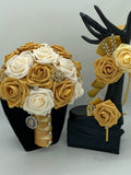 Dark Ivory Gold Round Bouquet l Silk Roses Brooch Bouquet~ BOU-GOLD