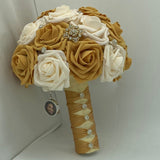 Dark Ivory Gold Round Bouquet l Silk Roses Brooch Bouquet~ BOU-GOLD