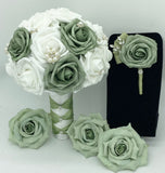 Sage l Emerald Green Round Brooch Bouquet l  Real Touch Roses Bouquet~ BOU-SAGE