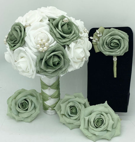 Sage l Emerald Green Round Brooch Bouquet l  Real Touch Roses Bouquet~ BOU-SAGE