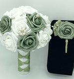 Sage l Emerald Green Round Brooch Bouquet l  Real Touch Roses Bouquet~ BOU-SAGE