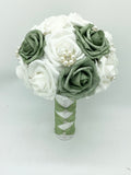 Sage l Emerald Green Round Brooch Bouquet l  Real Touch Roses Bouquet~ BOU-SAGE