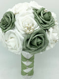 Sage l Emerald Green Round Brooch Bouquet l  Real Touch Roses Bouquet~ BOU-SAGE