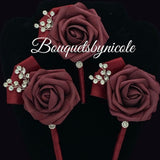 Burgundy Round Bouquet lSilk Roses Brooch Bouquet~ BOU-200