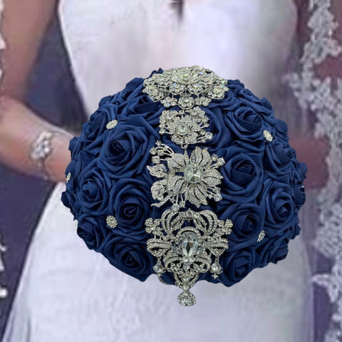 NAVY Blue Round Bouquet l  Real Touch Roses Brooch Bouquet~ BLUEY