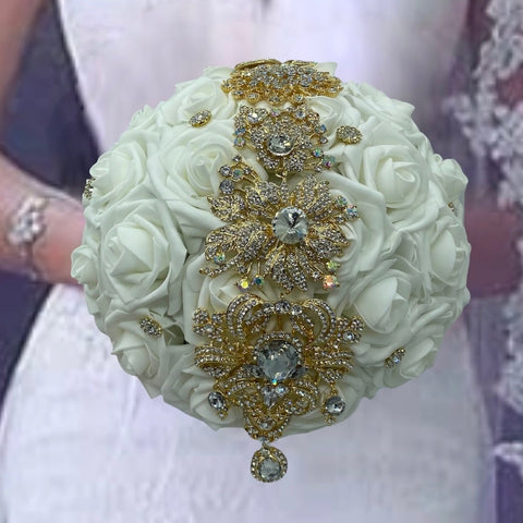 White Round Bouquet l Real Touch Roses l Satin Roses Brooch Bouquet~ BOU-002