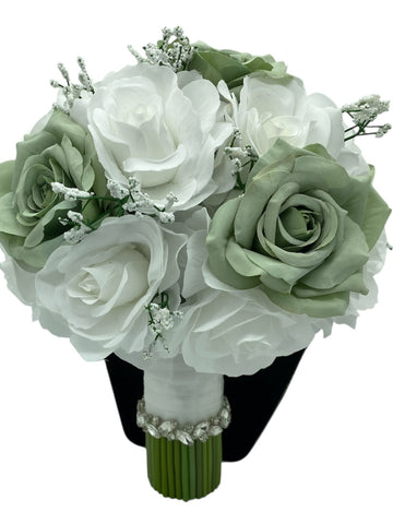 Sage Green White Round Bouquet l  Silk Roses Bouquet~ BOU-SAGE4