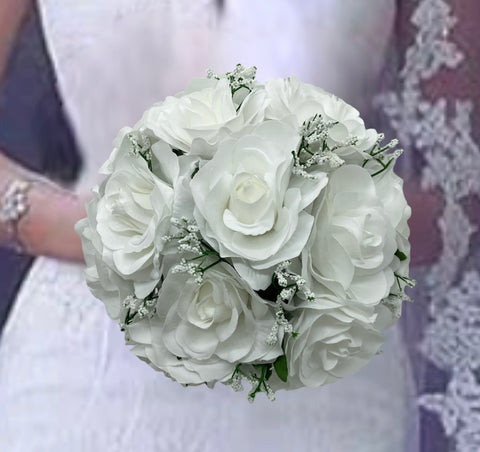 White Round Bouquet l  Silk Roses Bouquet~ BOU-WHT