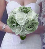 Sage Green White Round Bouquet l  Silk Roses Bouquet~ BOU-SAGE4