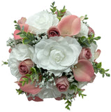 White Pink Round Bouquet l Silk Roses Calla Lily Brooch Bouquet~ BOU-PNK