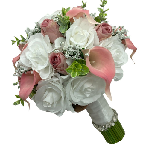 White Pink Round Bouquet l Silk Roses Calla Lily Brooch Bouquet~ BOU-PNK