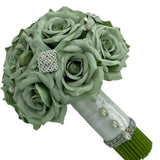 Sage Green Round Brooch Bouquet l  Silk Roses Bouquet~ BOU-SAGE2