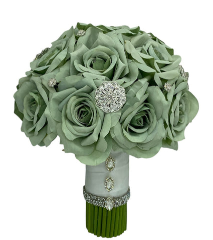 Sage Green Round Brooch Bouquet l  Silk Roses Bouquet~ BOU-SAGE2