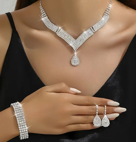 3pcs SILVER Jewelry Set l Rhinestone Earrings l Necklace l Bracelet l Prom l Wedding JS-917