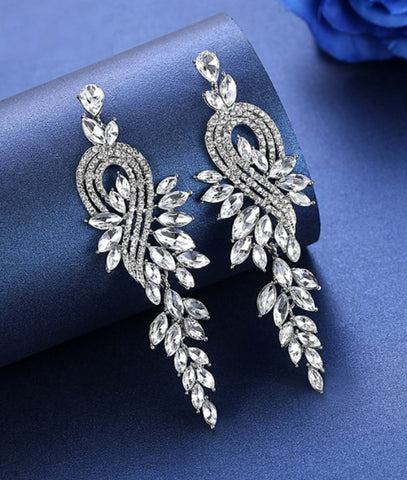 MEC-009 Crystal Pearls Long Drop Earrings Bridal Wedding Jewelry
