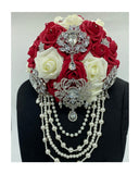 Dark Red Ivory Cascade Real Touch Roses Brooch Bouquet