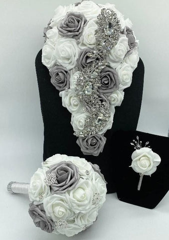 JANAI ~ White & Silver Cascade Real Touch Roses Brooch Bouquet