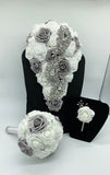 JANAI ~ White & Silver Cascade Real Touch Roses Brooch Bouquet
