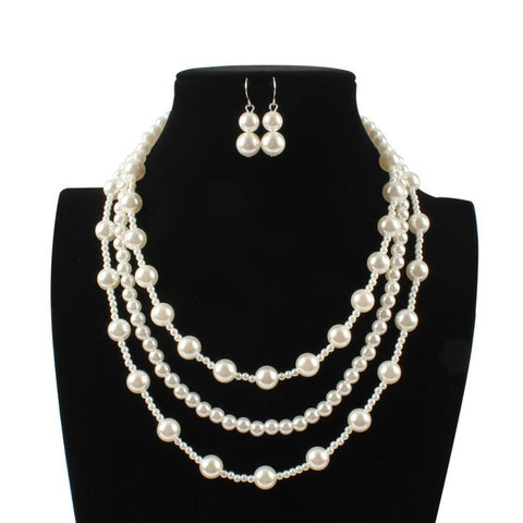 3 Pcs Multi strand Pearl Jewelry Set (Pearls, Rhinestone Earrings & Necklace) JS-024