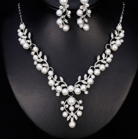 3 Pcs Silver Gold Jewelry Set Pearls & Rhinestone (Earrings & Necklace) JS-026