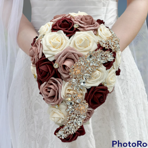 CAS006 ~ Cascading Waterfall Burgundy Mauve Ivory Real Touch Roses Brooch Bouquet