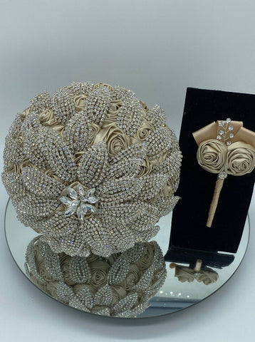 Ready to Ship Champagne Satin Rose Luxury Brooch Bouquet Bridal with Rhinestones 24HR-Allison