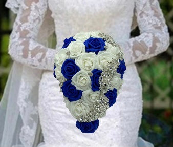CB032 ~ White Royal Blue Cascade Waterfall Real Touch Brooch Bouquet