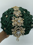 RE002 ~ Emerald Green Real Touch Roses Brooch Bouquet