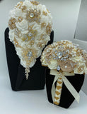 Ivory Gold Cascade Real Touch Roses Brooch Bouquet - RE004