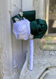 BM-016 ~ Ivory & Emerald Green Satin Roses Budget Brooch Bouquet or DIY KIT