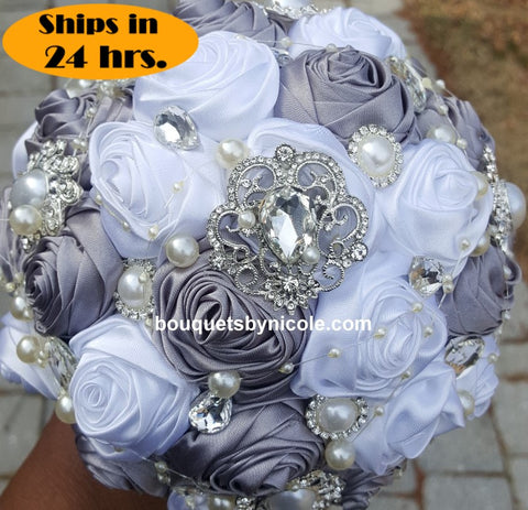 24HR-GINA ~Silver& White Deluxe Satin Roses Brooch Bouquet