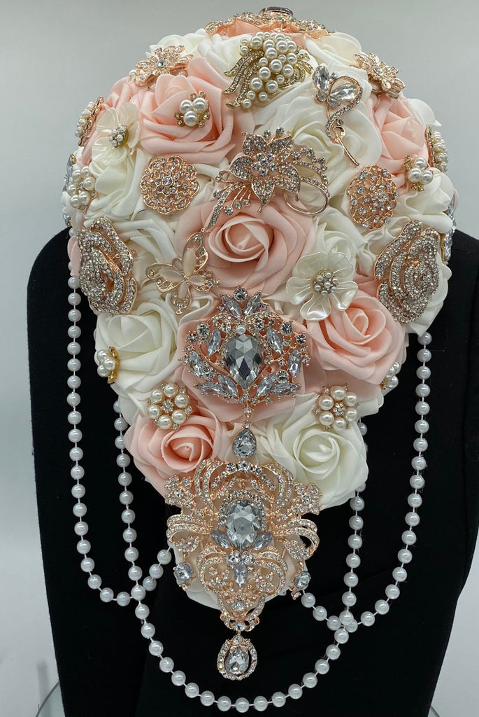 RE008 ~ Ivory Blush & Gold Cascade Real Touch Roses Brooch Bouquet