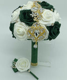 Emerald Green & Ivory Real Touch Rose Brooch Bridal Bouquet CB-366