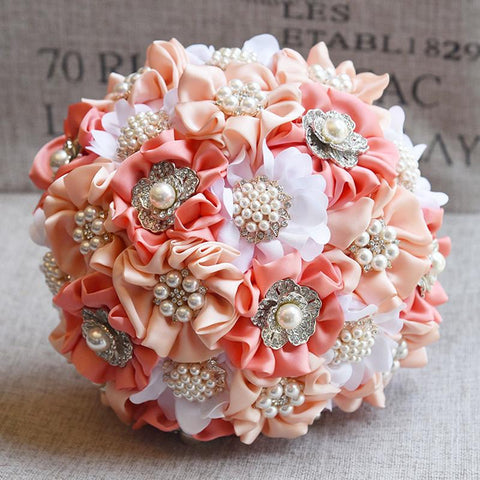 Coral Ivory Peach Roses Brooch Bouquet BCUST- SADIE