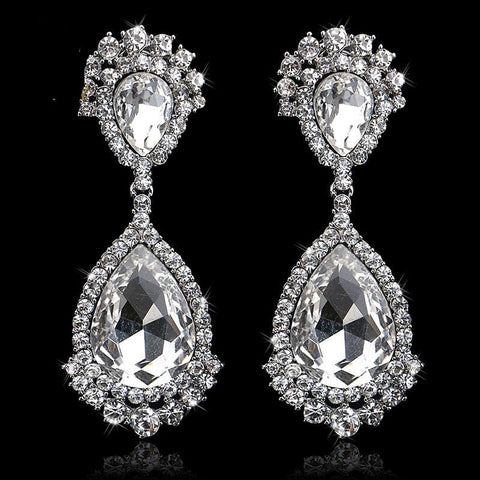 TRZ-006 Elegant Teardrop Crystal Bridal Silver Long Drop Earrings Wedding Jewelry Accessories