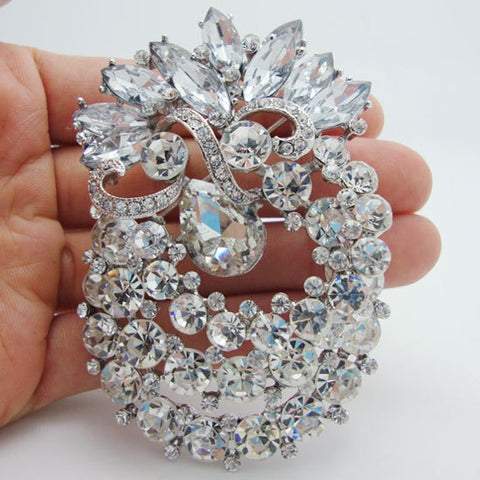 Large Clear Rhinestone Crystal Multilayer Flower Drop Bride Brooch Pins Pendant