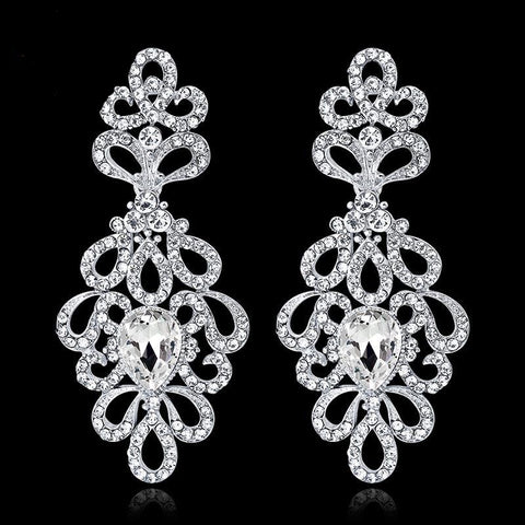 TRZ-001 Luxury Crystal Floral Bridal Long Drop Wedding Earrings Silver