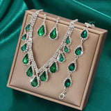 4pcs SILVER Emerald Green Jewelry Set l Rhinestone Earrings l Necklace l Bracelet l Prom l Wedding JS-929