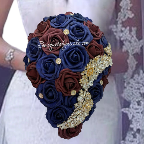 Burgundy Navy Cascade Bouquet l Waterfall bouquet l  Real Touch Roses Brooch Bouquet CB-013